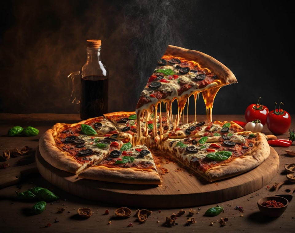 Fırından yeni çıkmış, peyniri uzayan pizza